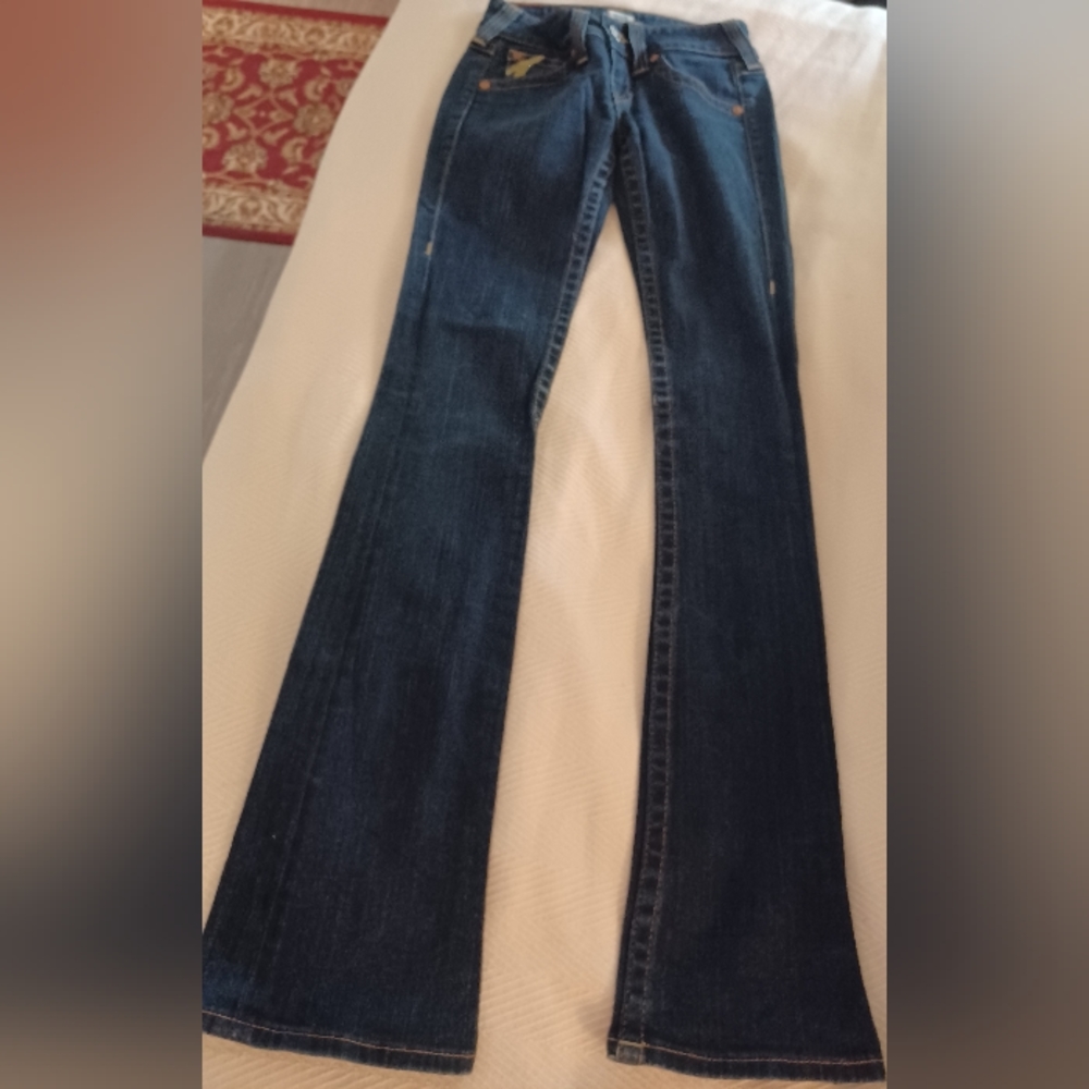 EUC True Religion sz 25 Women’s Low-Rise Rear-Flap Becky Bootcut Blue Jeans - Picture 5 of 16